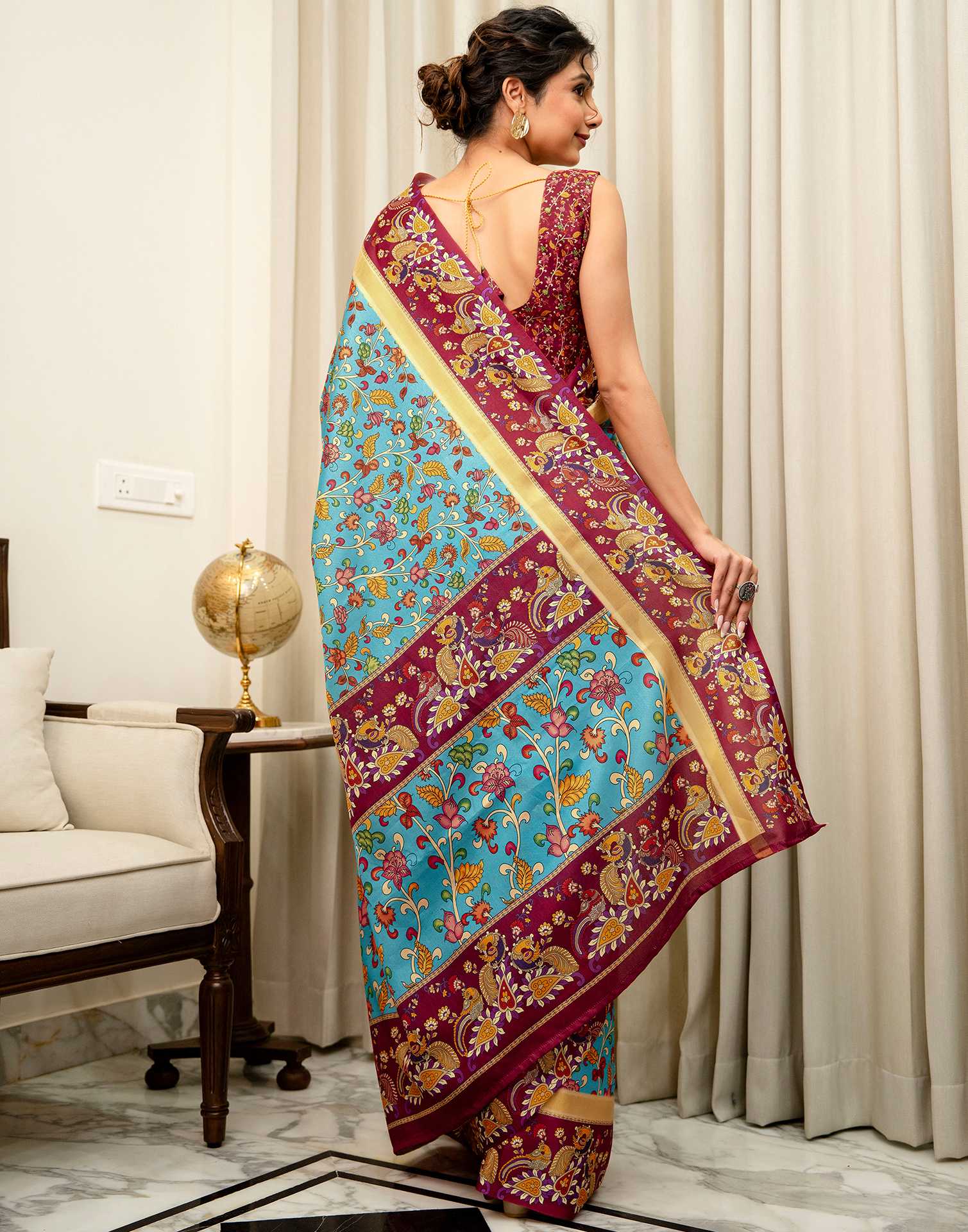 Turquoise Blue Silk Printed Saree
