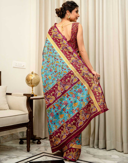 Turquoise Blue Silk Printed Saree