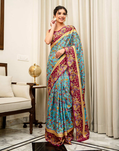 Turquoise Blue Silk Printed Saree
