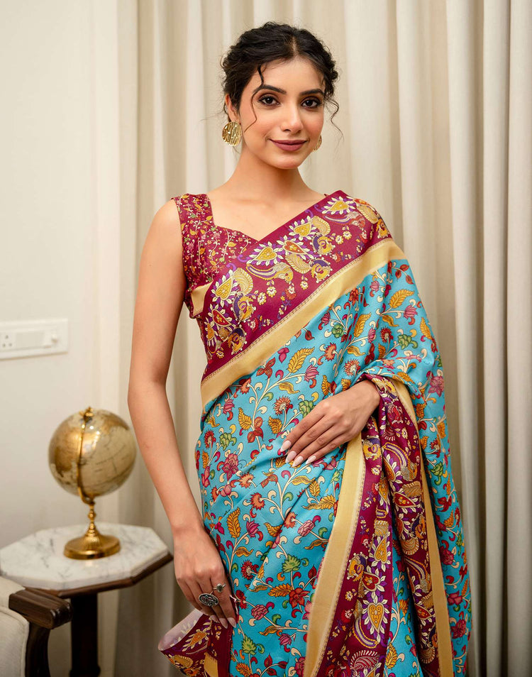 Turquoise Blue Silk Printed Saree
