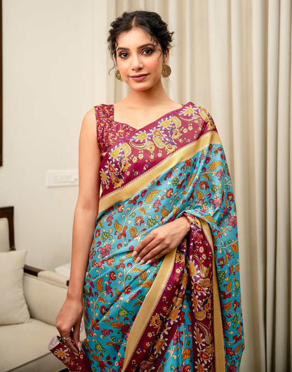 Turquoise Blue Silk Printed Saree
