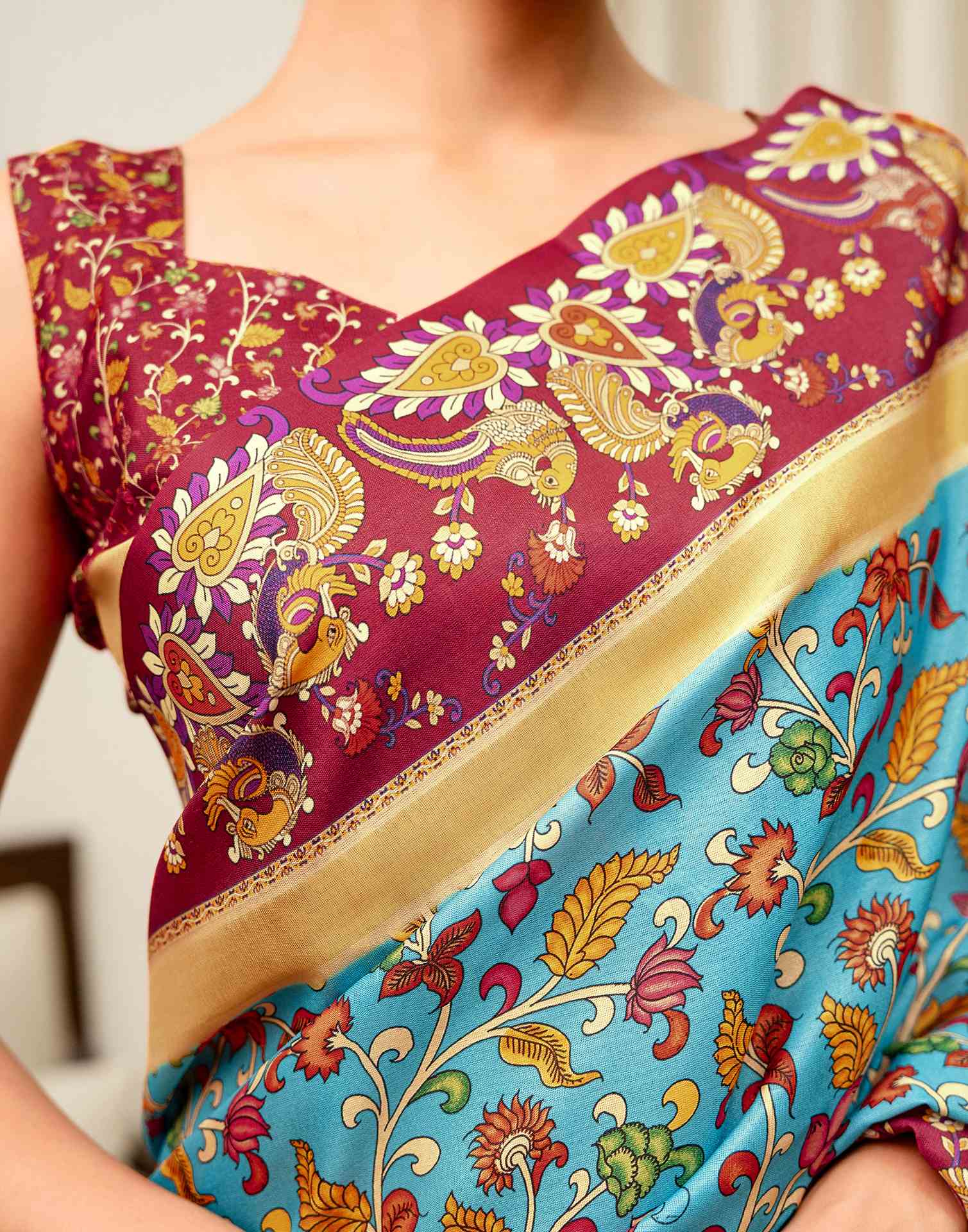 Turquoise Blue Silk Printed Saree
