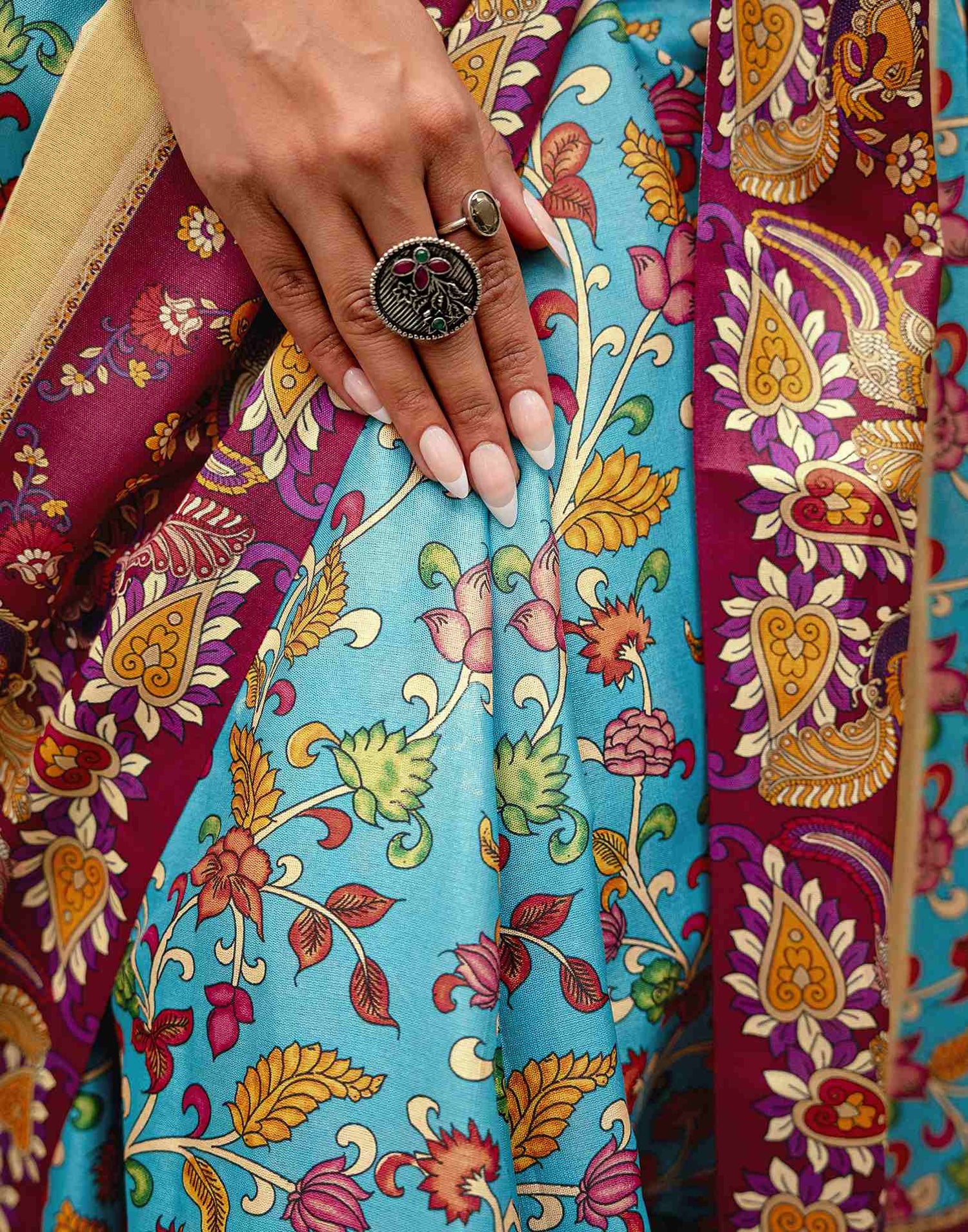 Turquoise Blue Silk Printed Saree