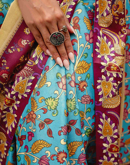 Turquoise Blue Silk Printed Saree