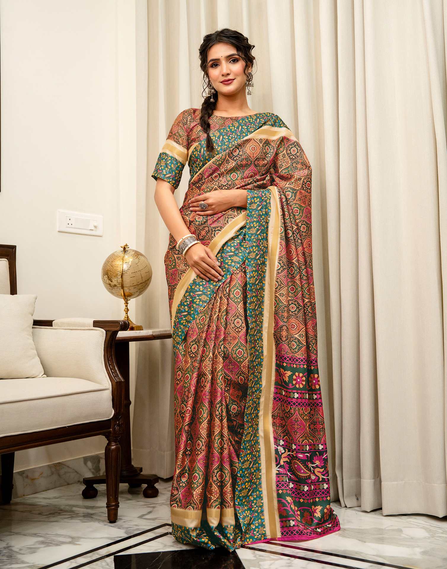Coral Pink Silk Printed Saree