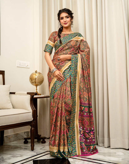 Coral Pink Silk Printed Saree