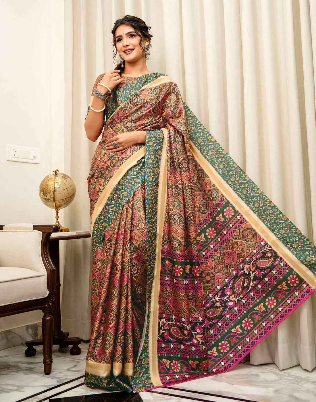 Coral Pink Silk Printed Saree