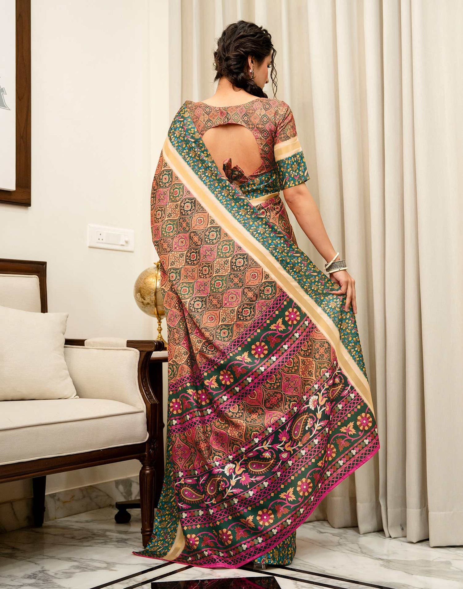 Coral Pink Silk Printed Saree