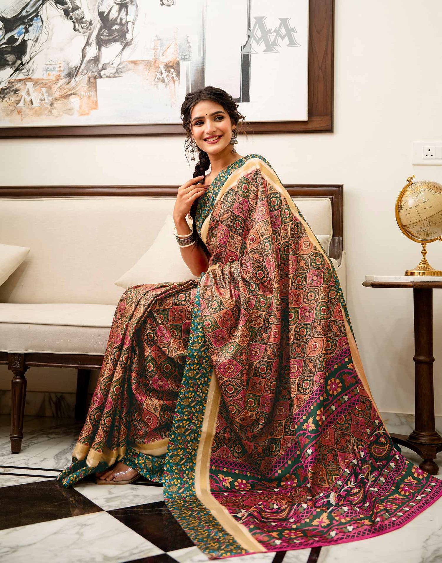 Coral Pink Silk Printed Saree