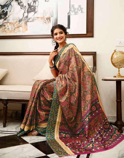 Coral Pink Silk Printed Saree