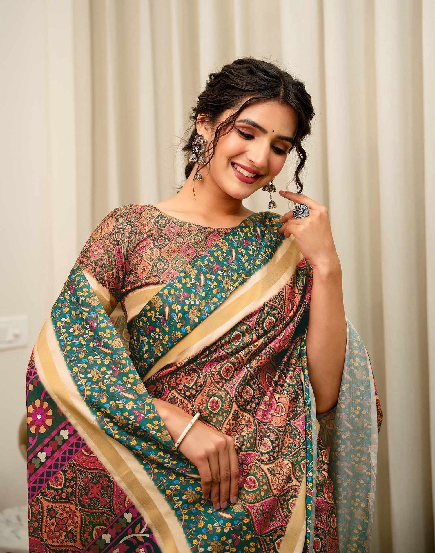 Coral Pink Silk Printed Saree