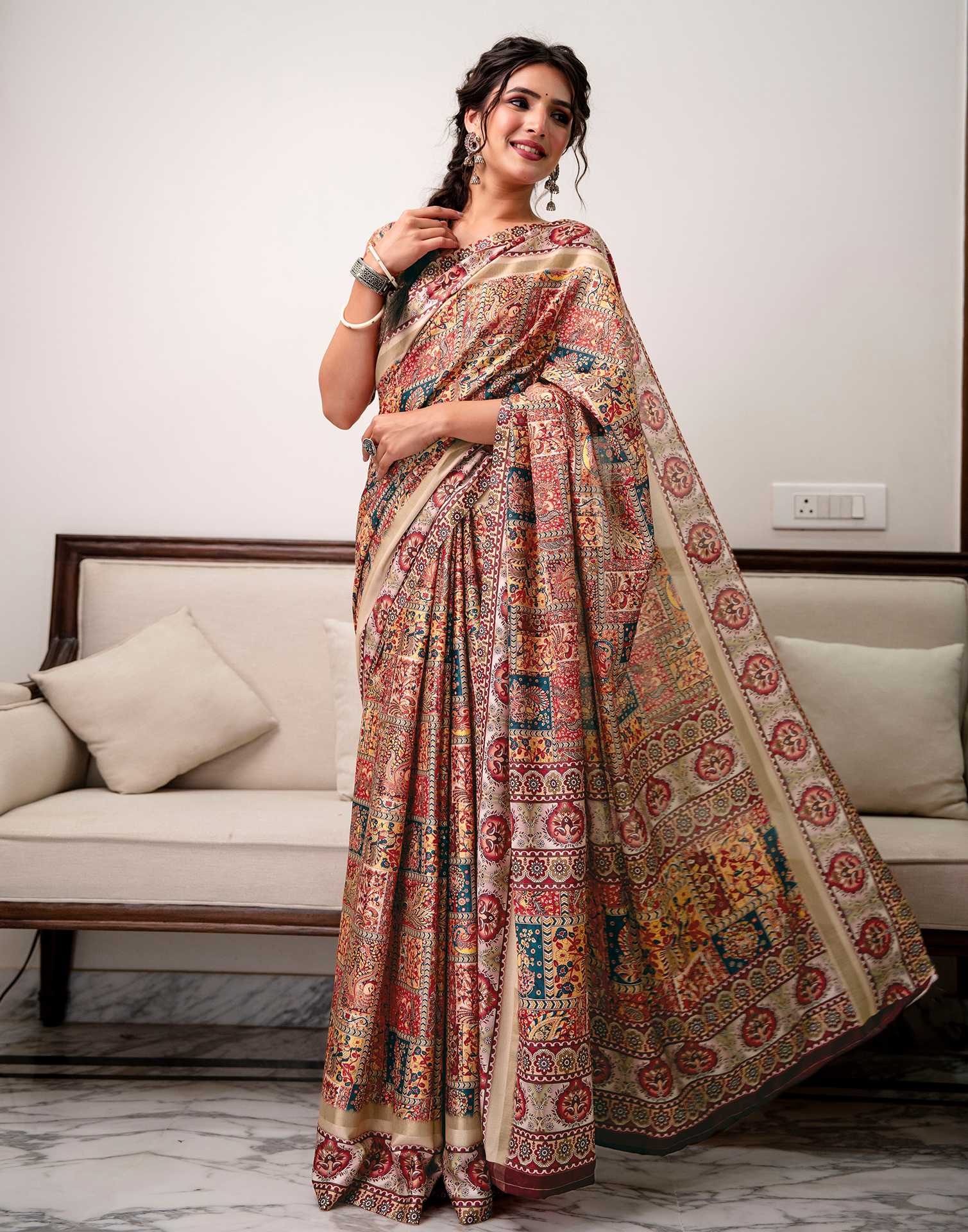 Multicoloured Silk Printed Saree