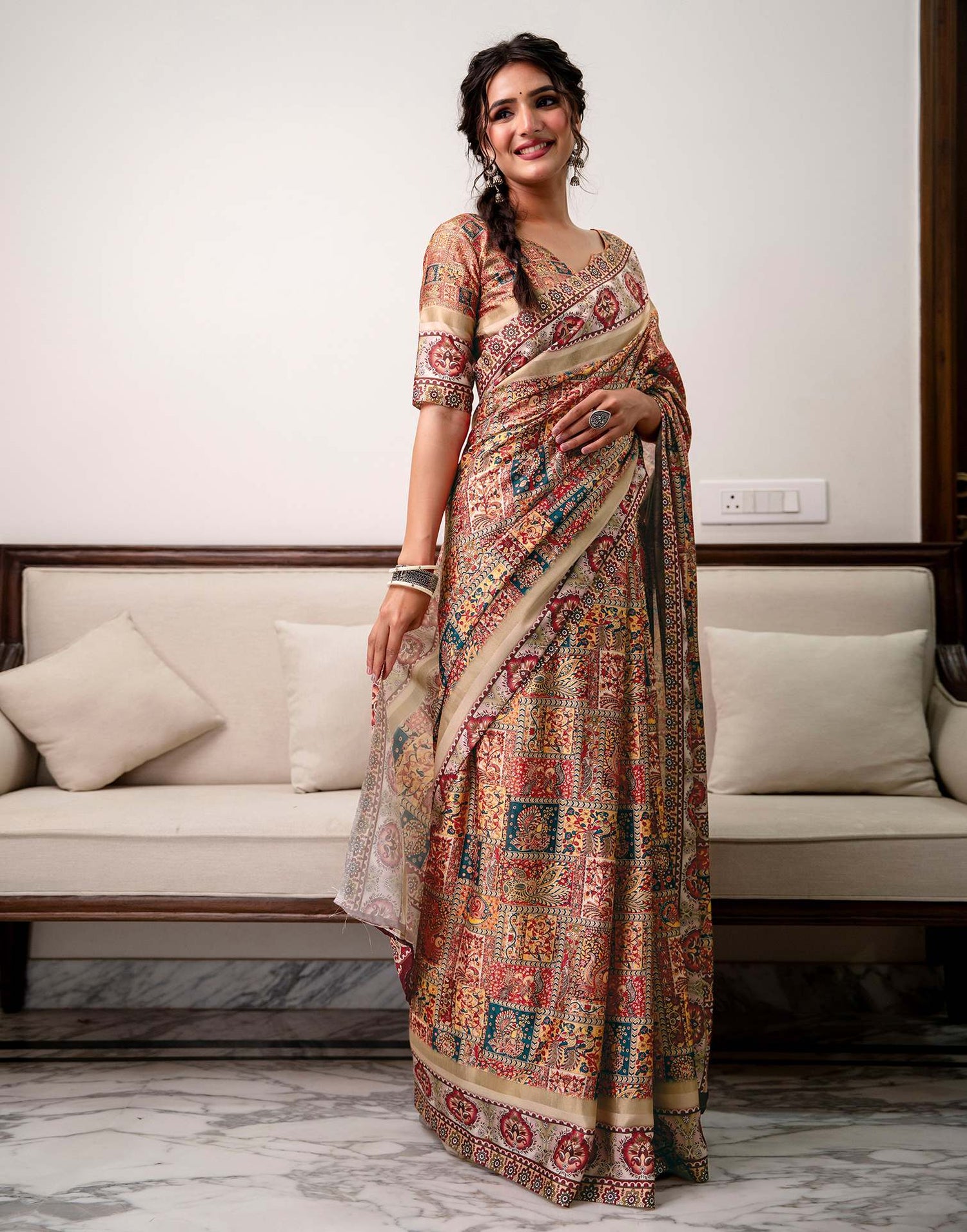 Multicoloured Silk Printed Saree