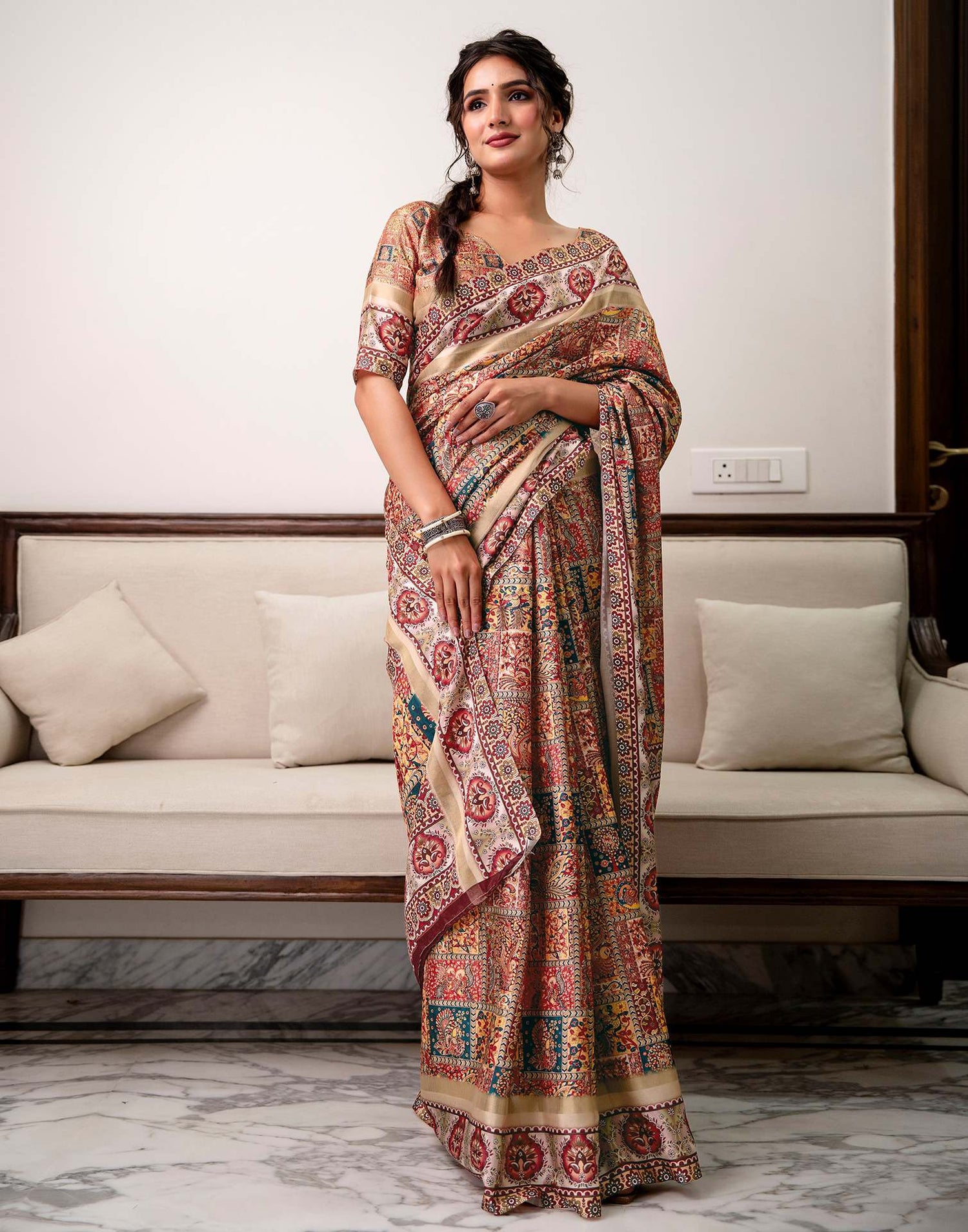 Multicoloured Silk Printed Saree
