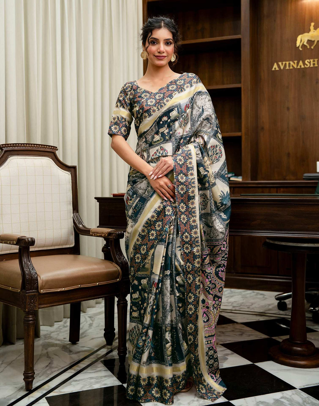 Navy Blue Silk Printed Saree