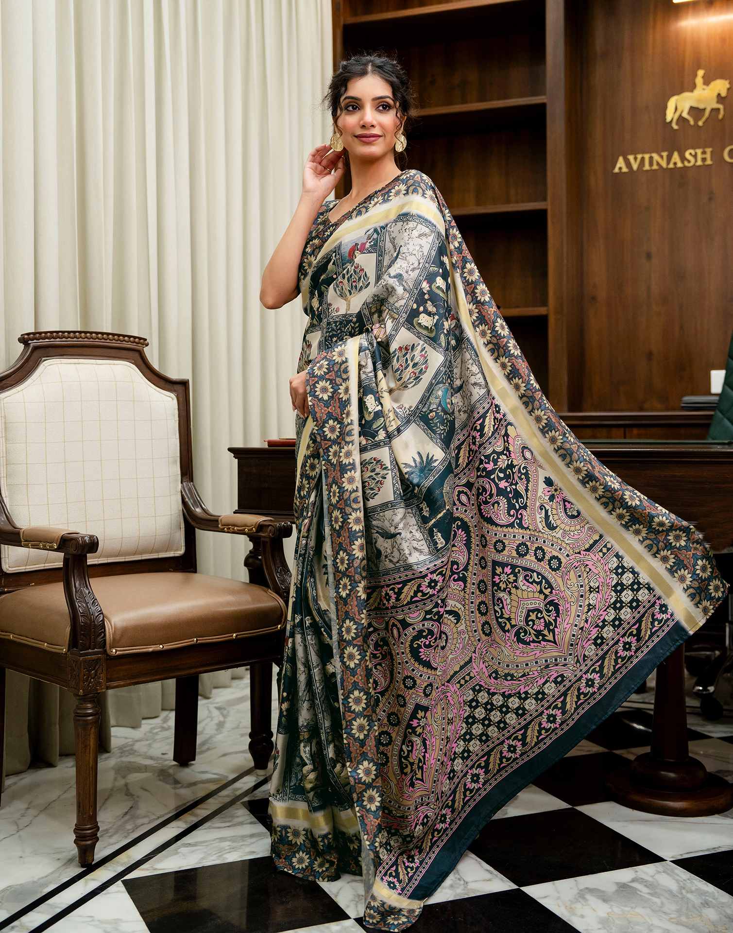 Navy Blue Silk Printed Saree
