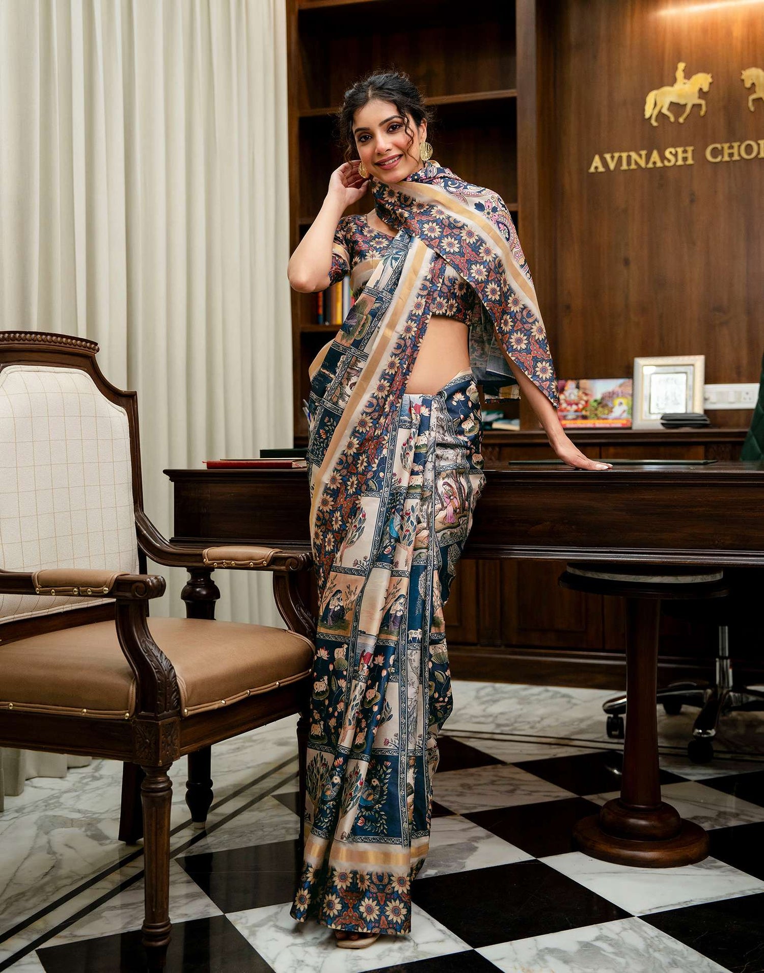Navy Blue Silk Printed Saree