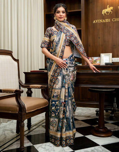 Navy Blue Silk Printed Saree