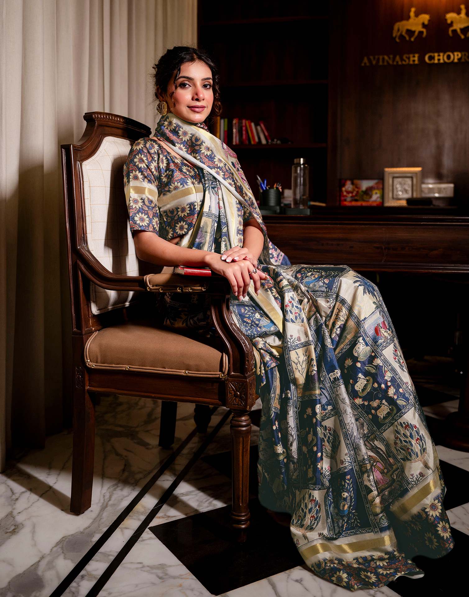 Navy Blue Silk Printed Saree