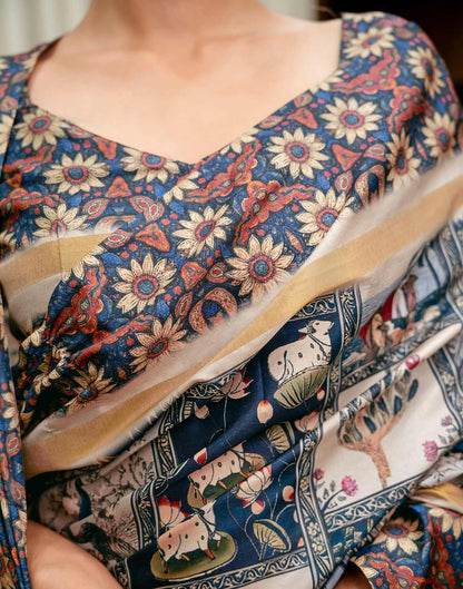 Navy Blue Silk Printed Saree