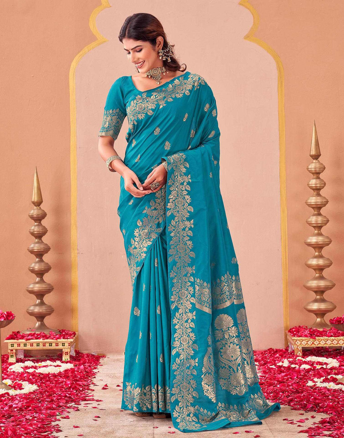 Teal Blue Silk Woven Banarasi Saree