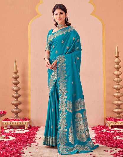 Teal Blue Silk Woven Banarasi Saree