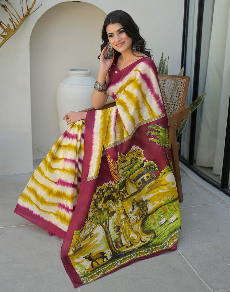 Mustard Yellow Khadi Printed Saree