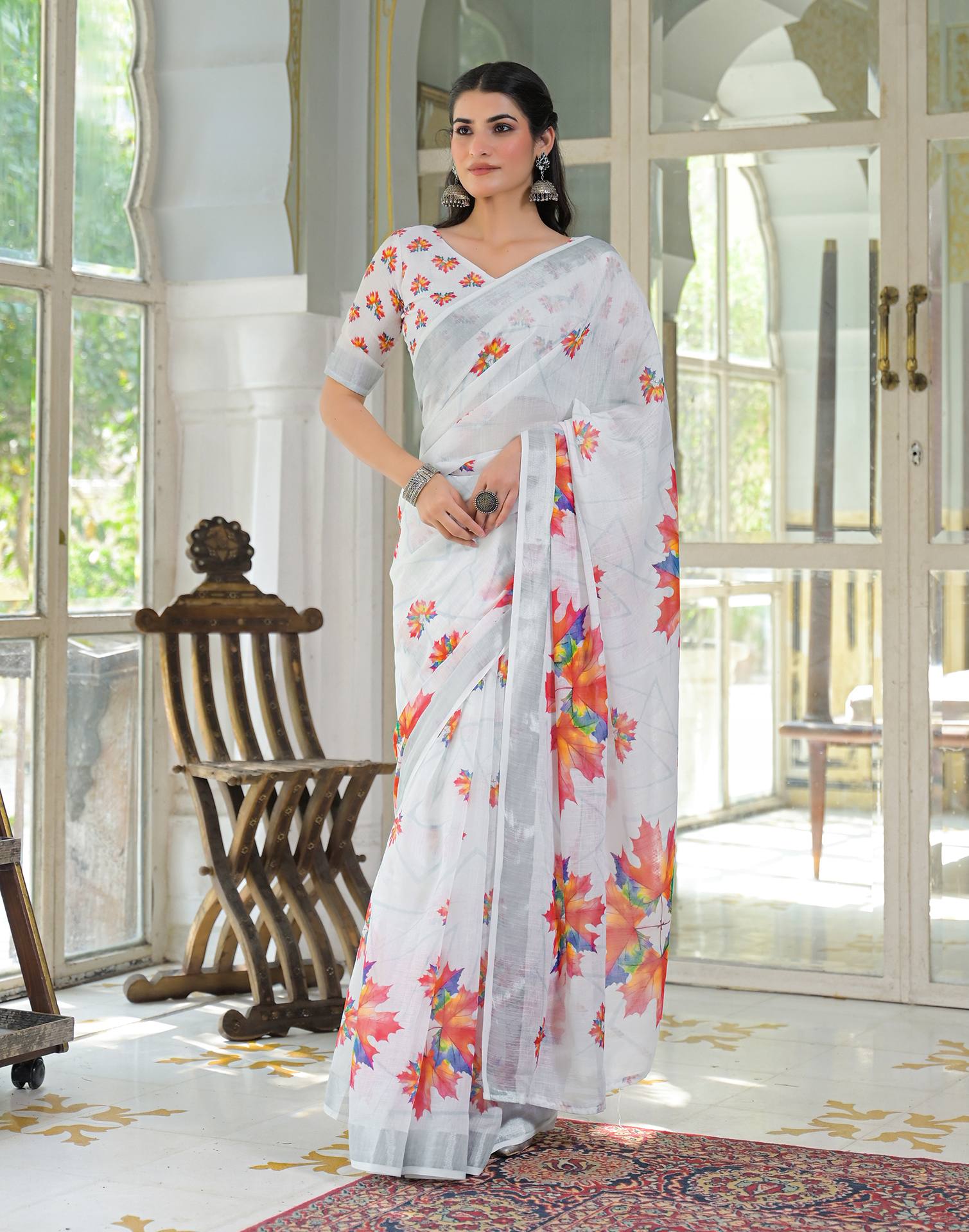 White Linen Floral Printed Saree