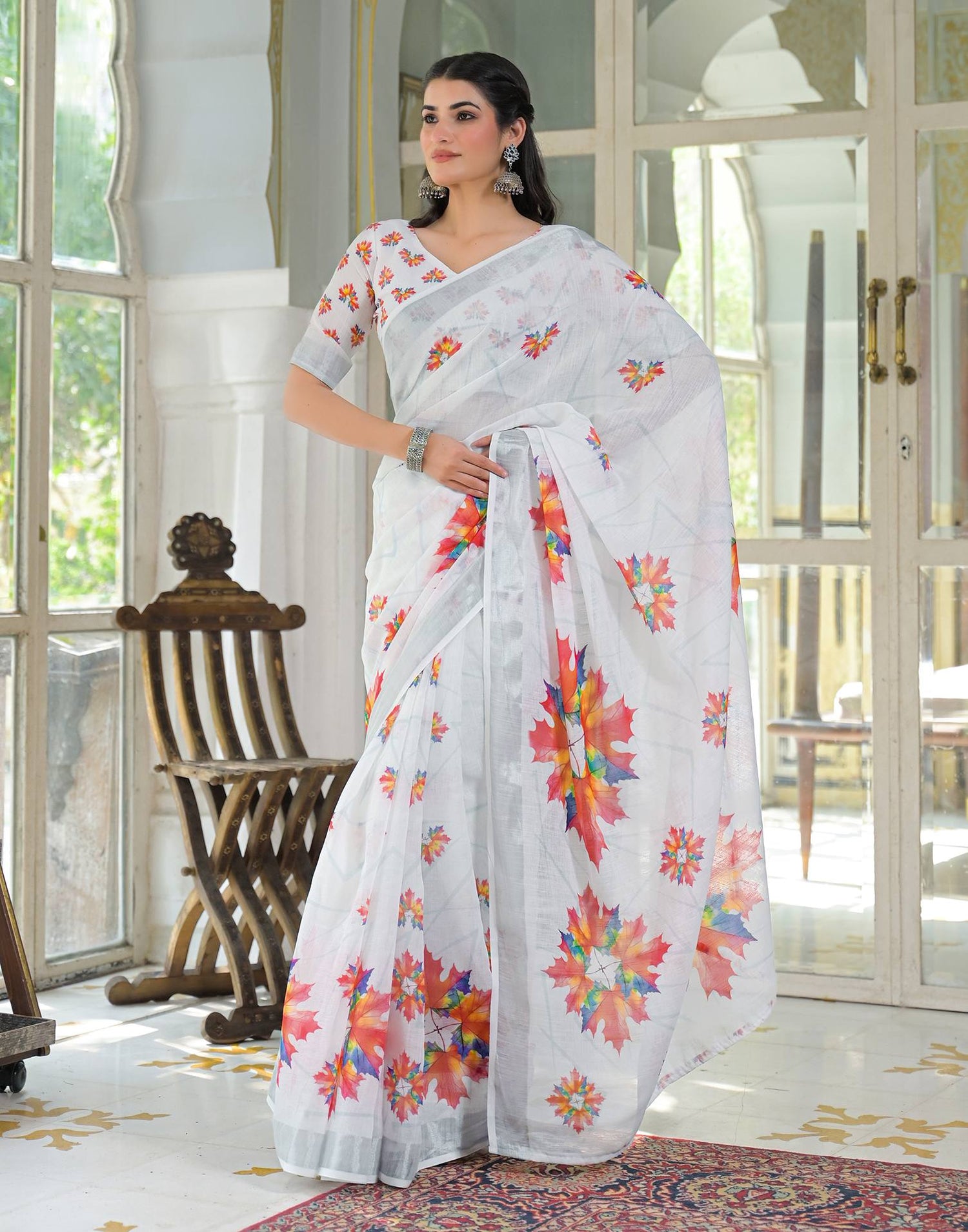 White Linen Floral Printed Saree