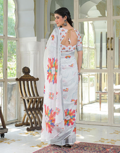 White Linen Floral Printed Saree