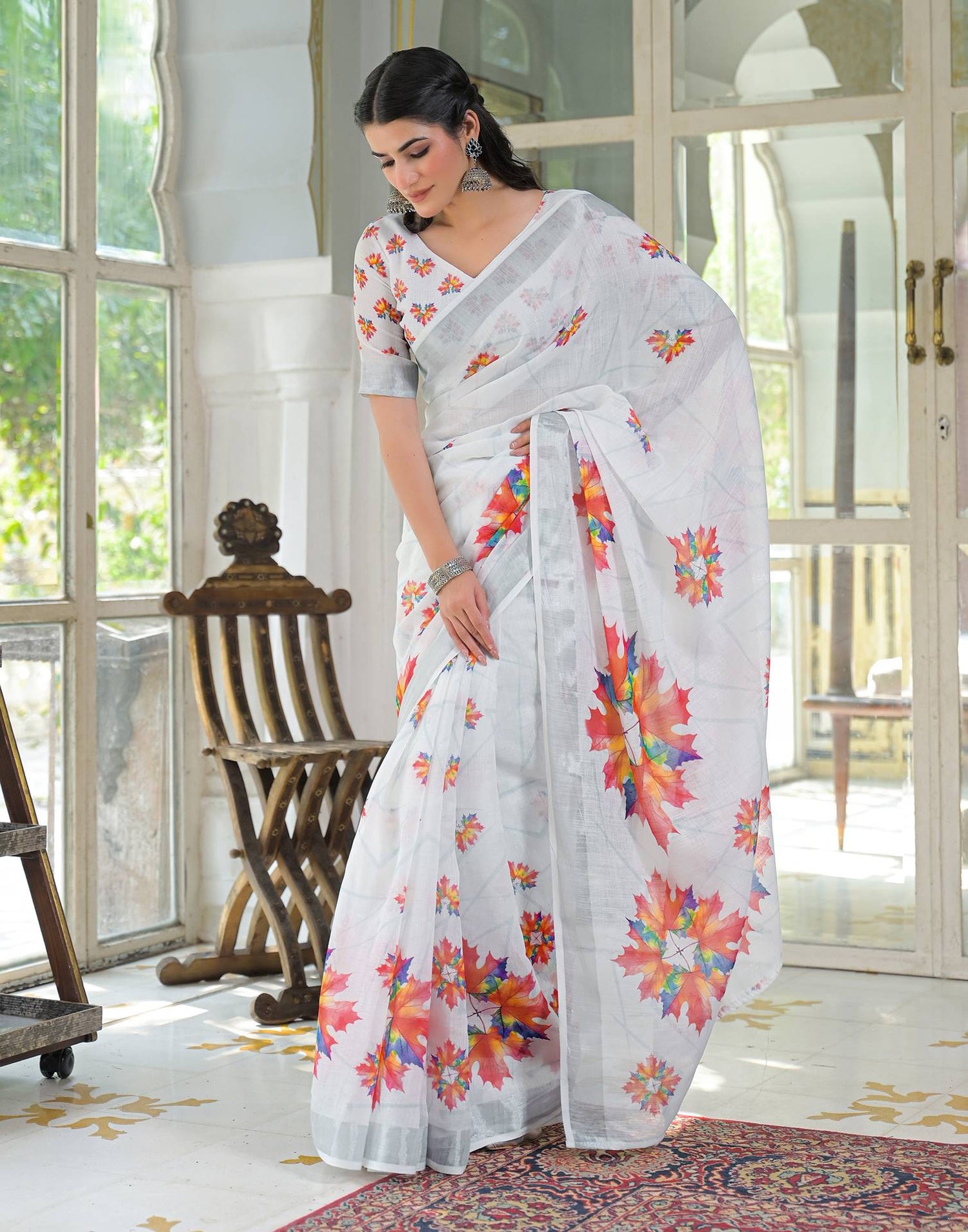 White Linen Floral Printed Saree