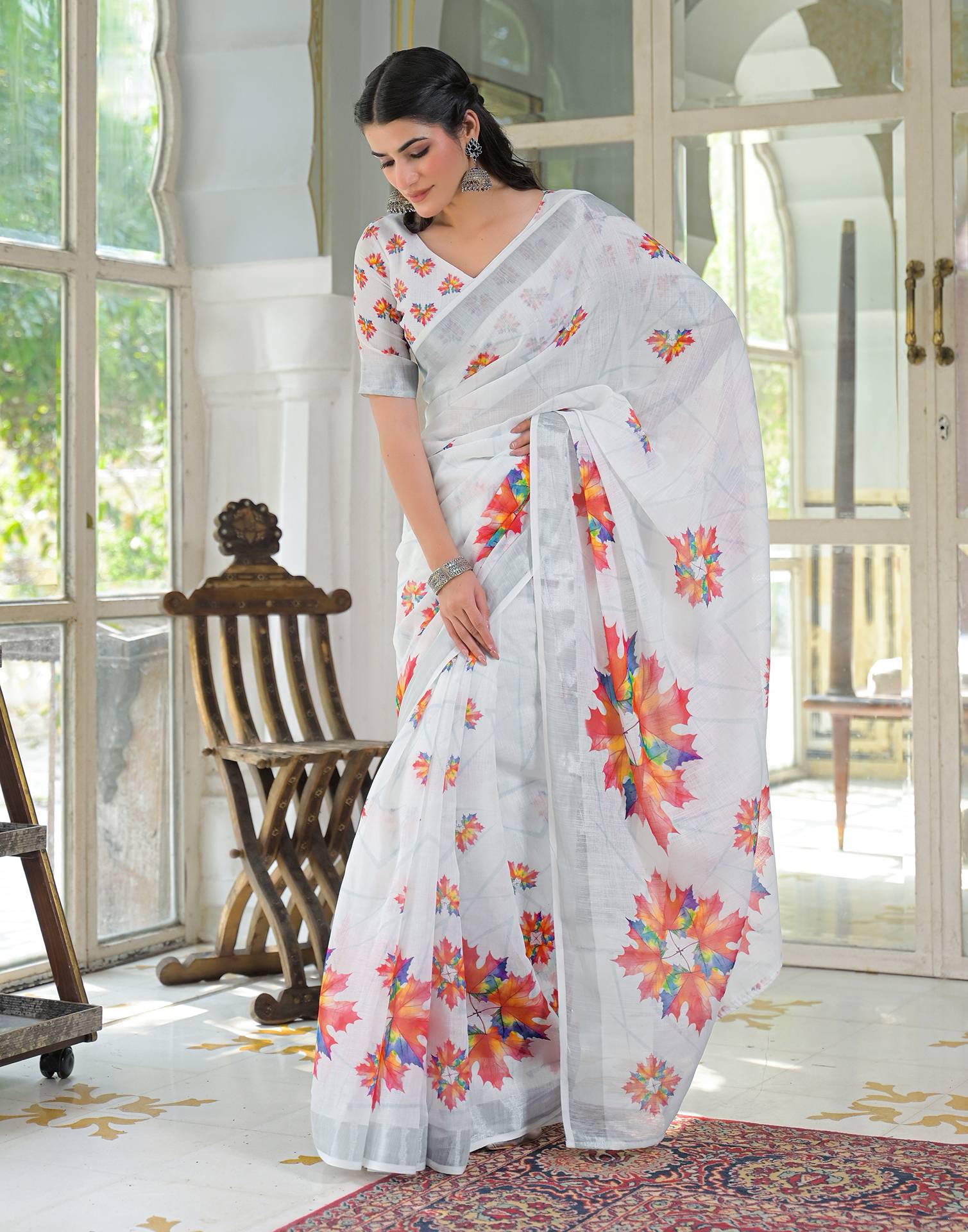 White Linen Floral Printed Saree