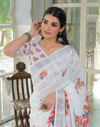 White Linen Floral Printed Saree