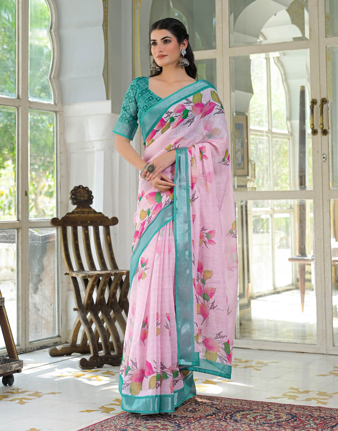 Light Pink Linen Floral Printed Saree