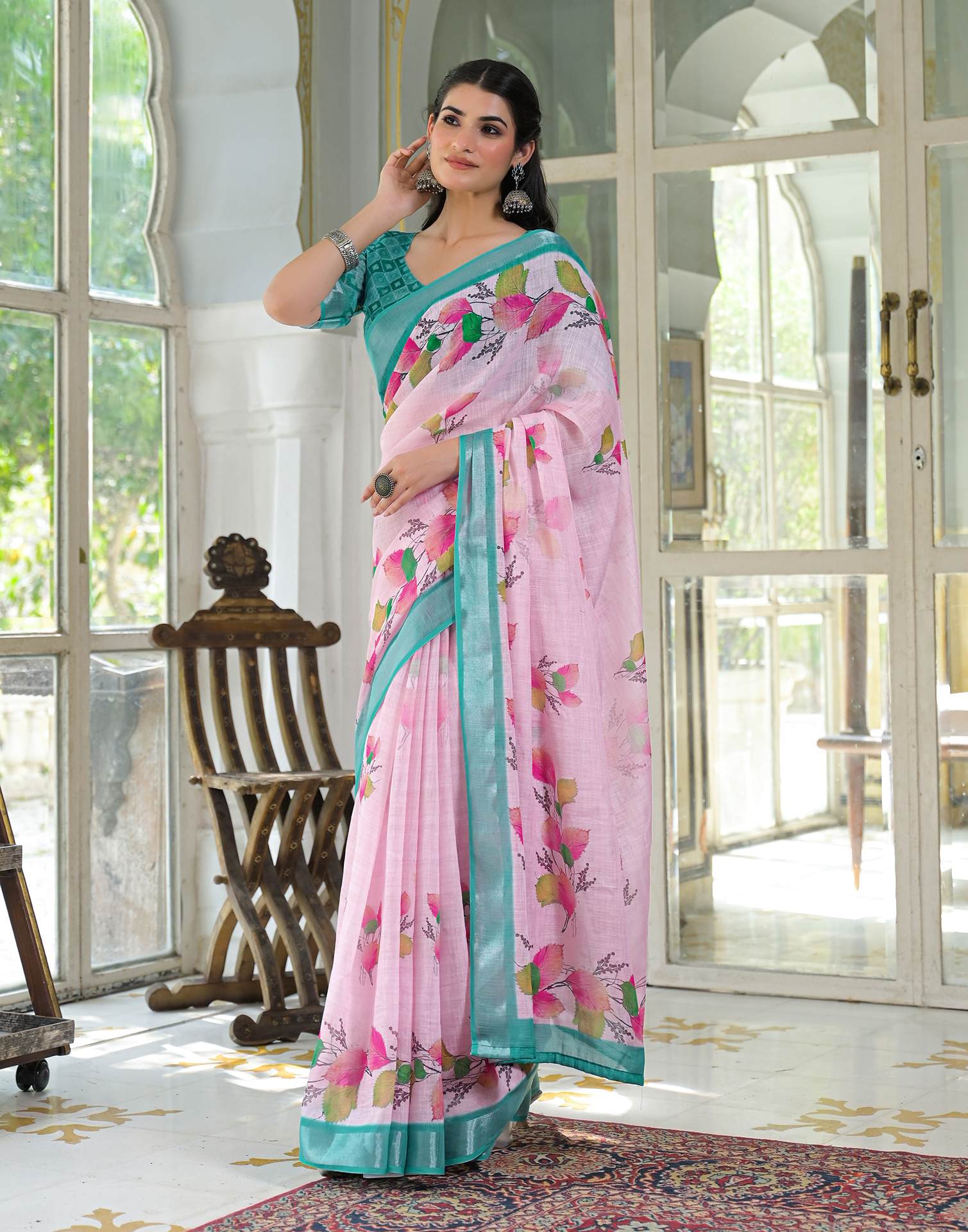 Light Pink Linen Floral Printed Saree