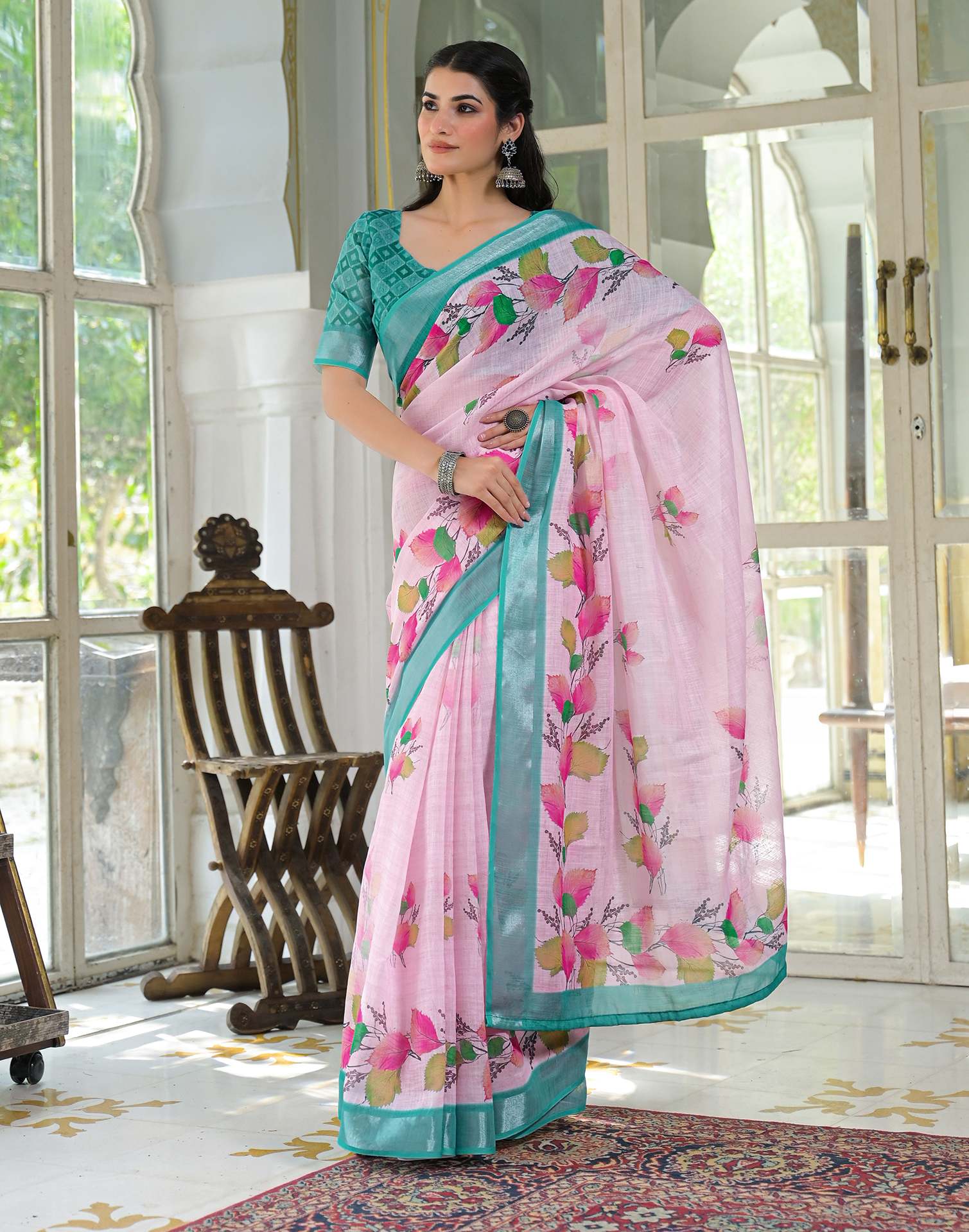 Light Pink Linen Floral Printed Saree