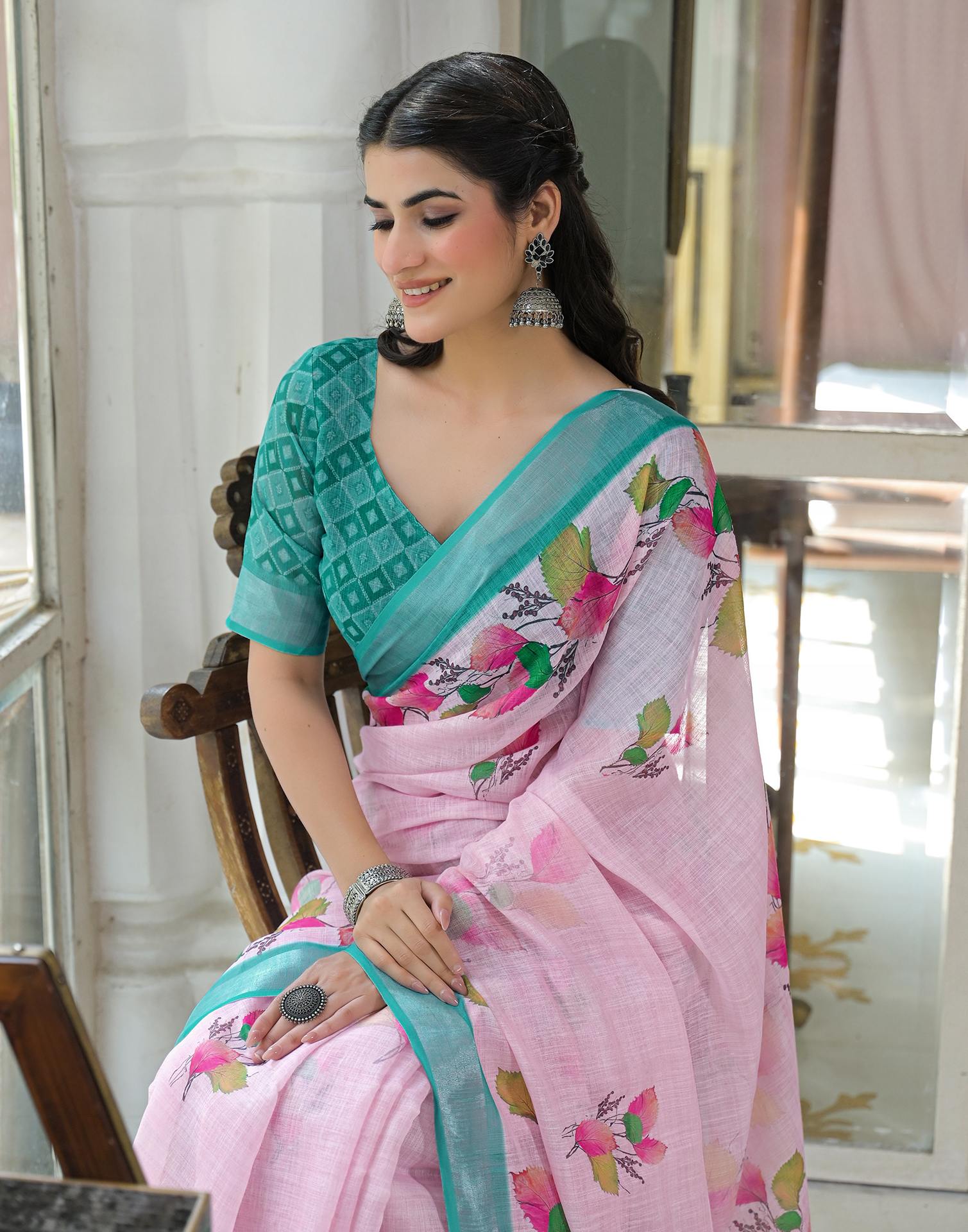 Light Pink Linen Floral Printed Saree