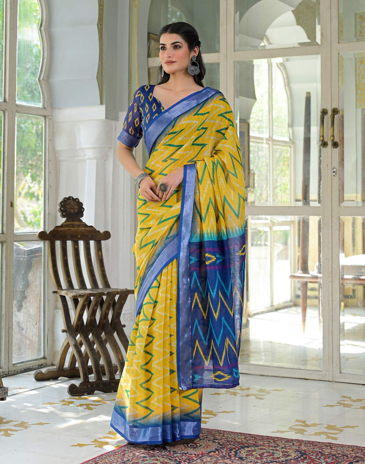 Yellow Linen Floral Printed Saree