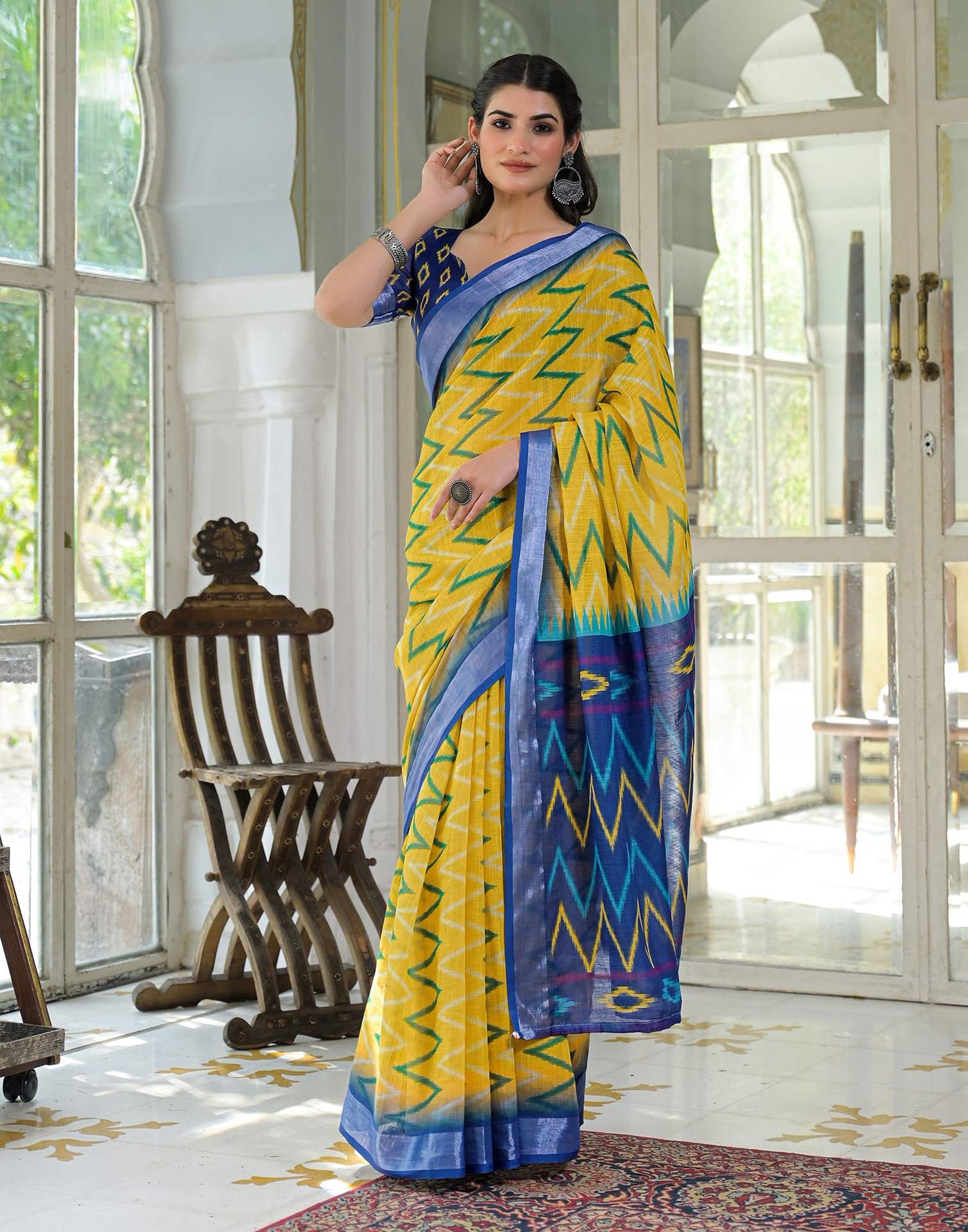 Yellow Linen Floral Printed Saree