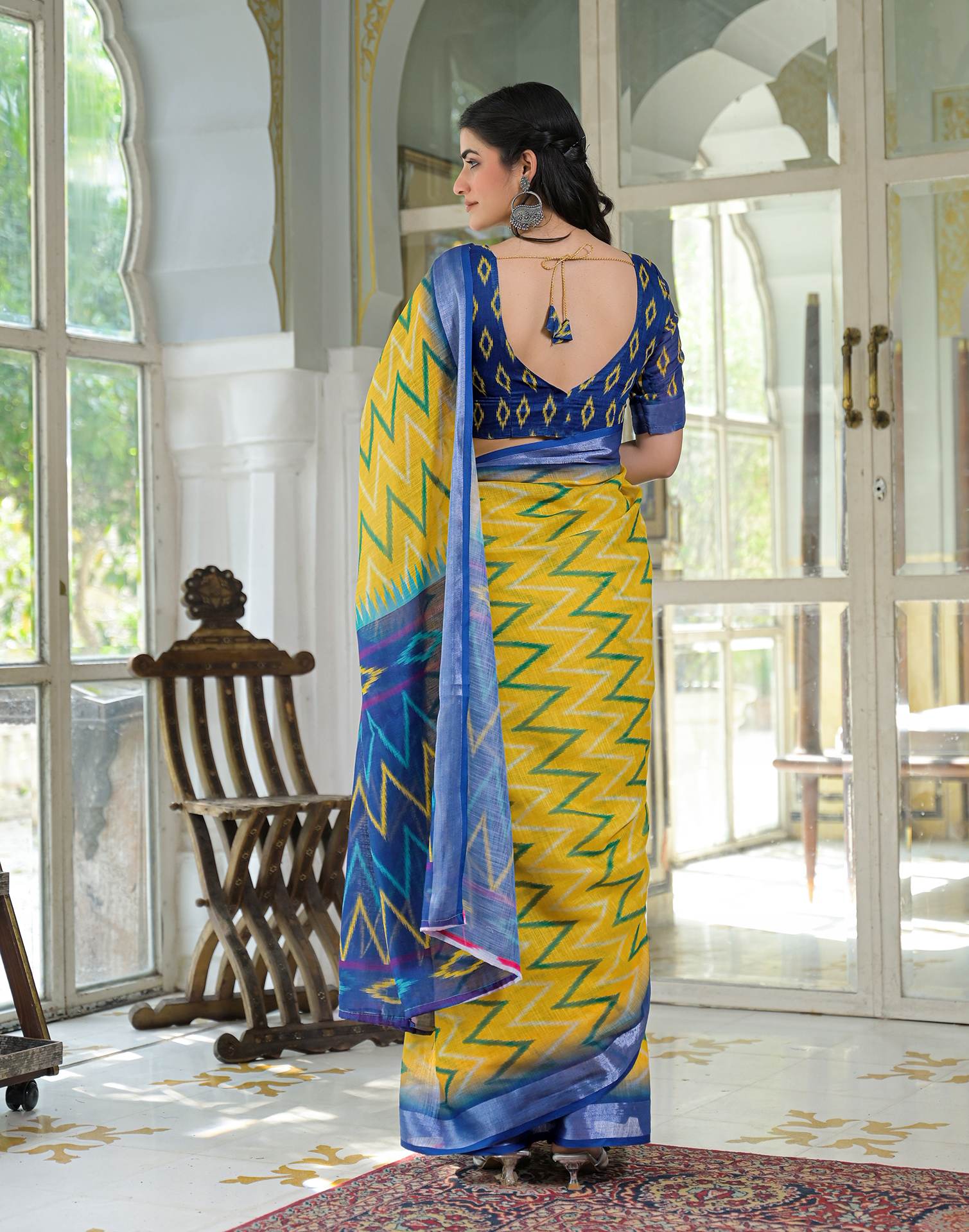 Yellow Linen Floral Printed Saree