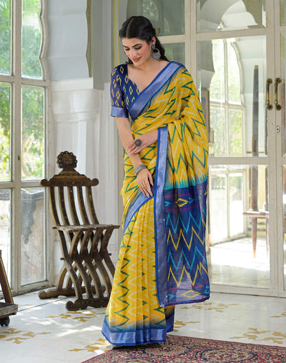 Yellow Linen Floral Printed Saree