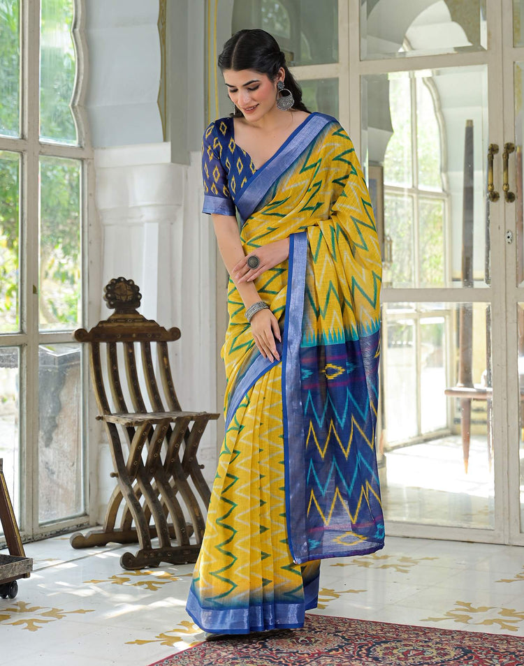 Yellow Linen Floral Printed Saree