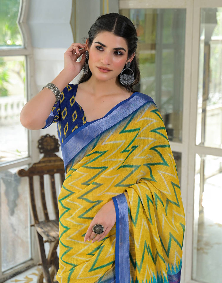 Yellow Linen Floral Printed Saree