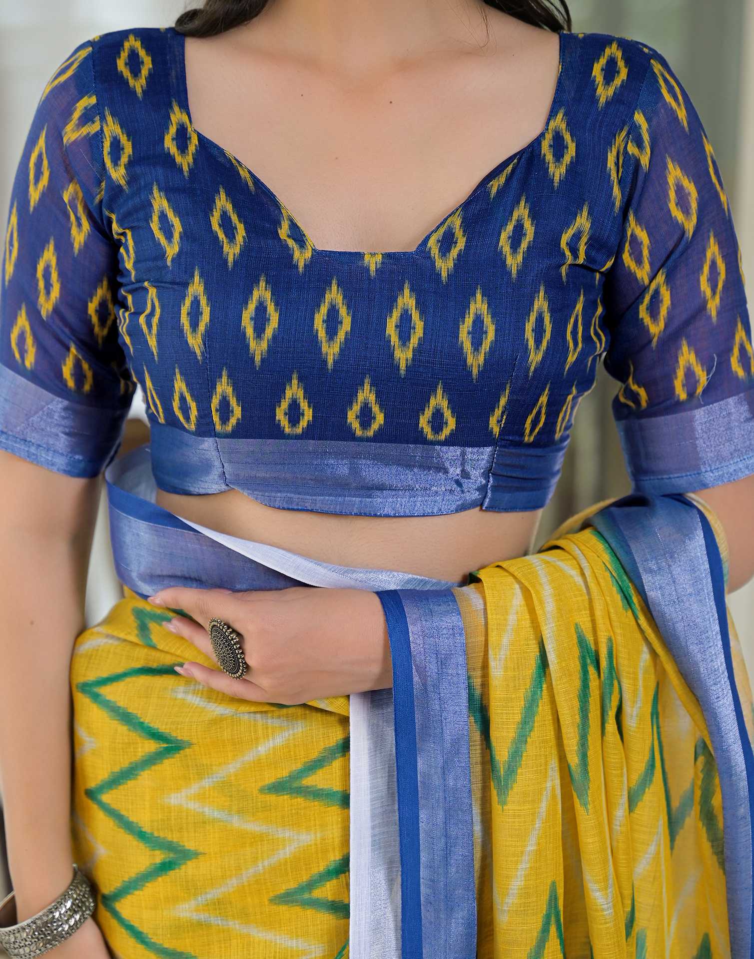 Yellow Linen Floral Printed Saree