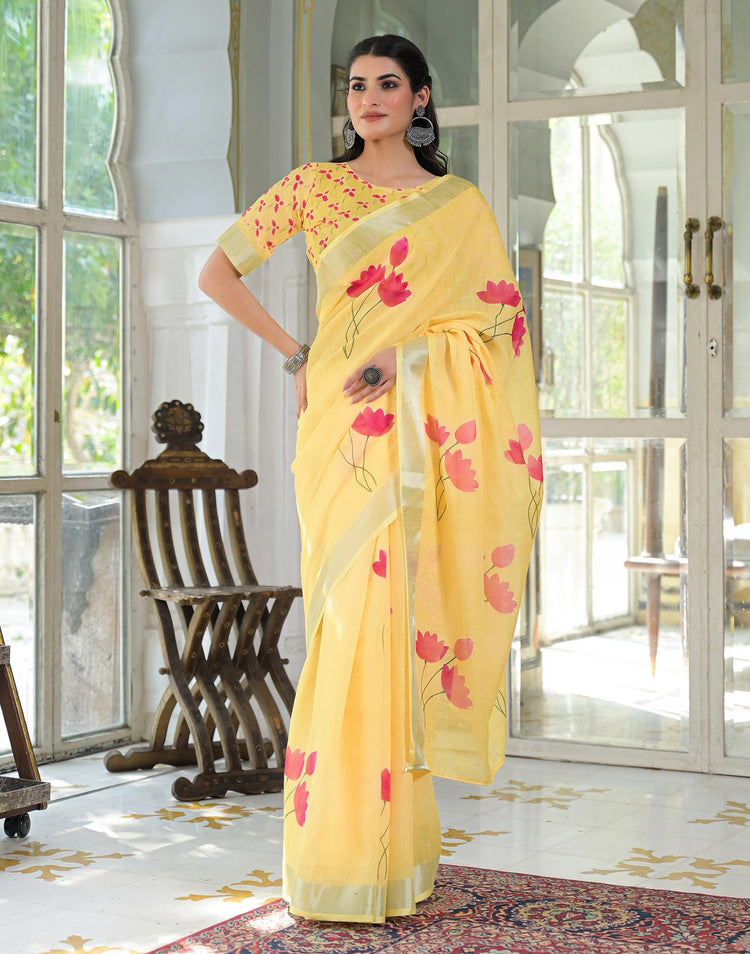 Light Yellow Linen Floral Printed Saree