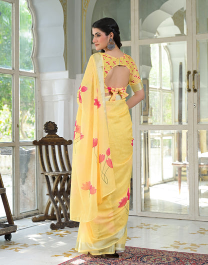 Light Yellow Linen Floral Printed Saree