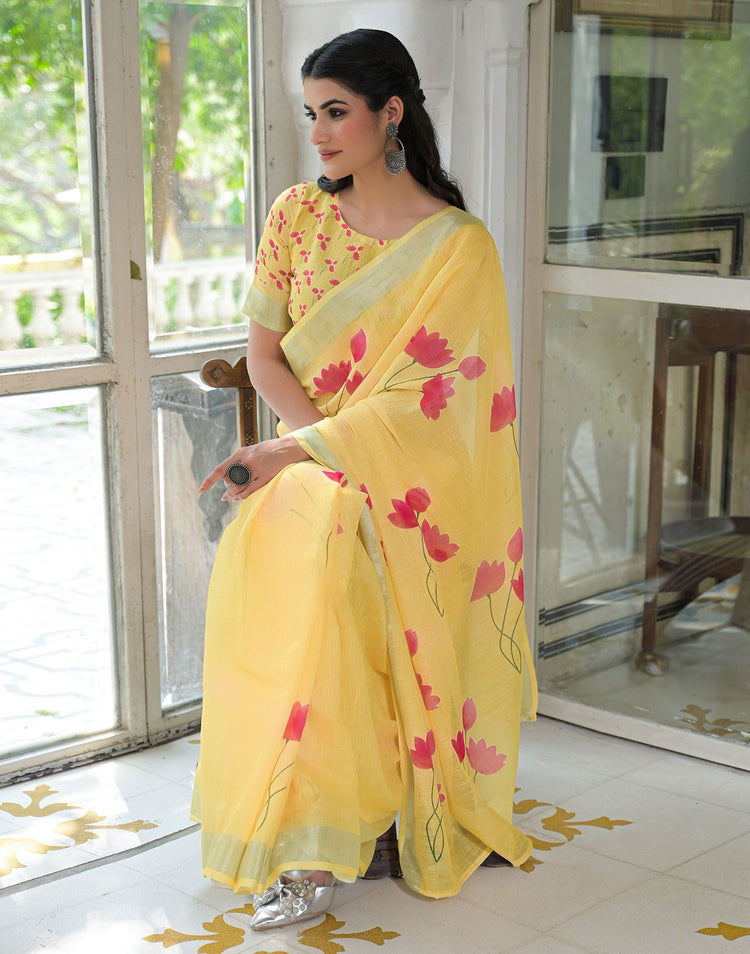 Light Yellow Linen Floral Printed Saree
