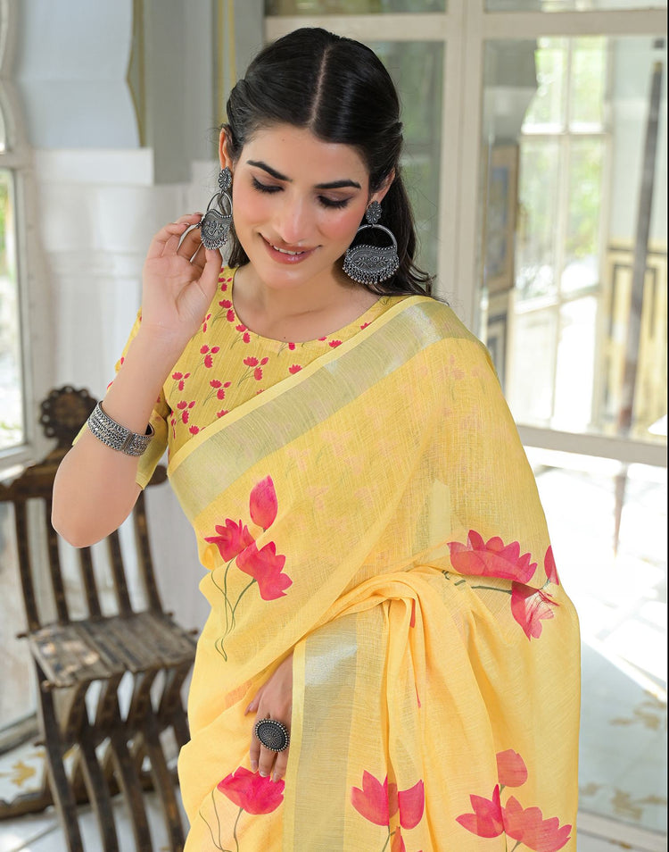Light Yellow Linen Floral Printed Saree