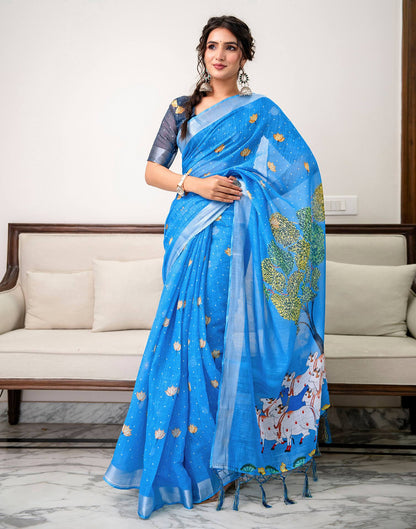Sky Blue Linen Printed Saree 