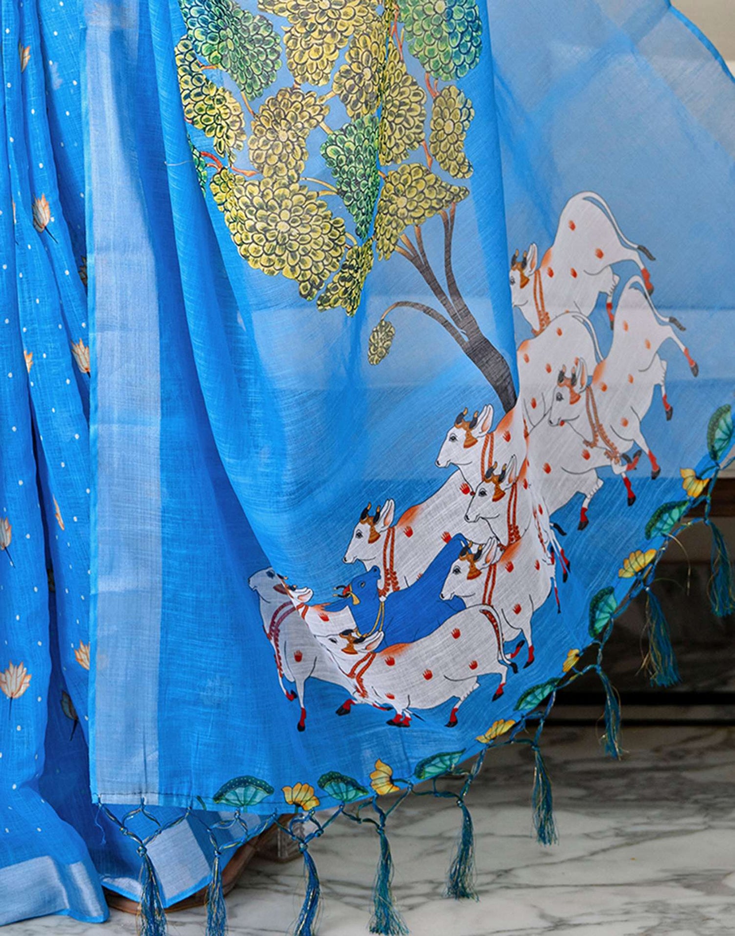 Sky Blue Linen Printed Saree 